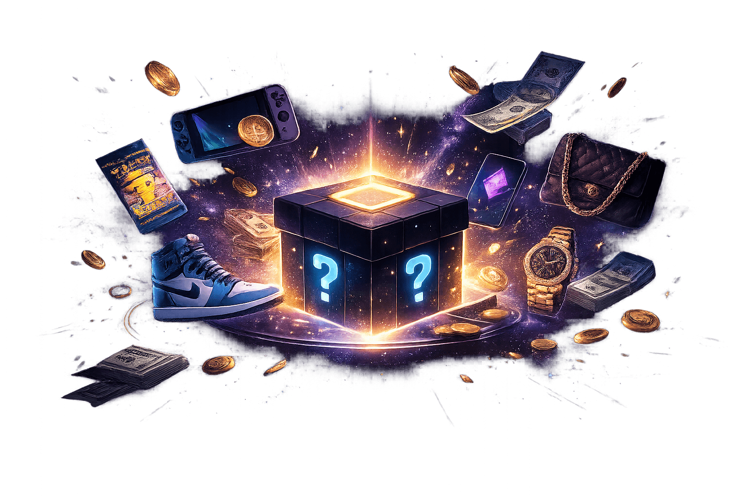 A mystery box surrounded by prizes
